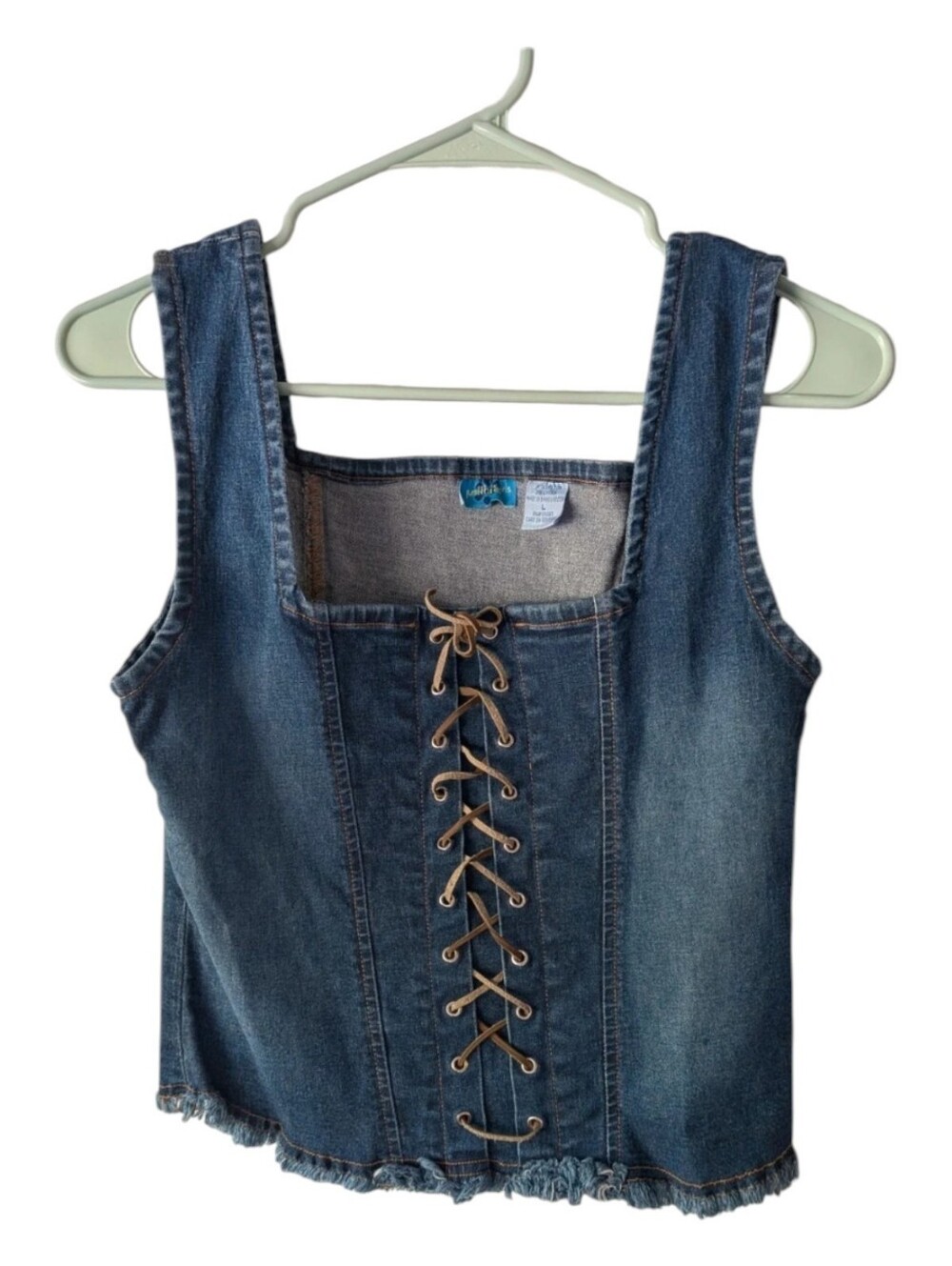 Vintage Y2K Denim Lace Up Corset Tank Top Raw Hem Frayed Jean Vest Large